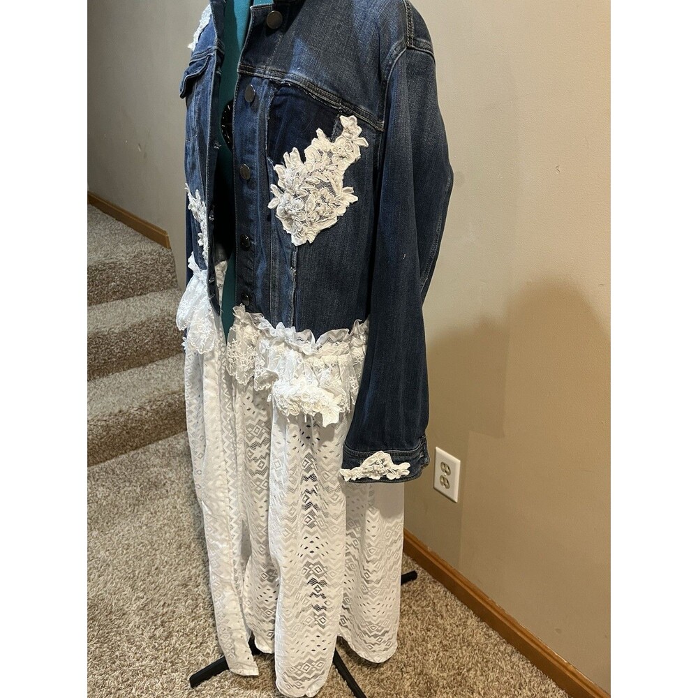 Lane Bryant 16 Custom Upcycled Denim Jacket Lace Dress Boho Cottagecore Plus - Picture 2 of 8